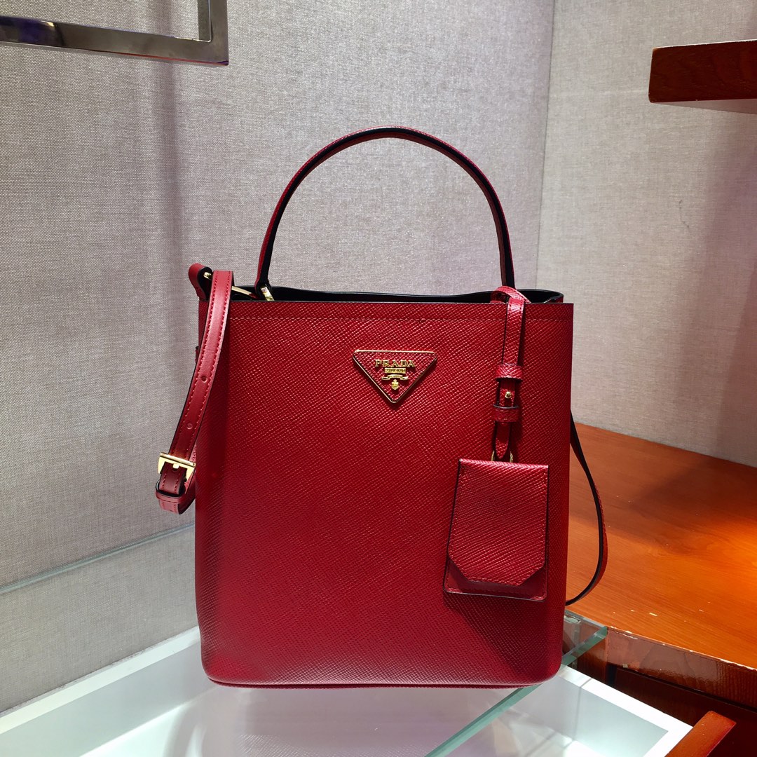 Prada Medium Panier Saffiano Leather Bag Fiery Red/Black 1BA212